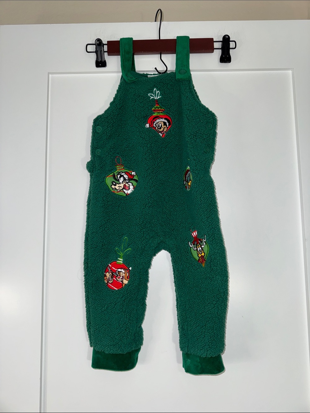 Disney Mickey & Friends Green Fleece Kids Overalls Holiday theme Sz 12-18 months